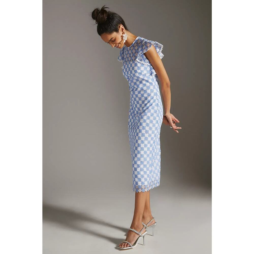 SHOSHANNA Rachel Ruffle Lace Midi Dress Size 12 Blue & White Wedding Guest - Picture 14 of 14